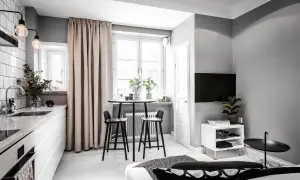 Smart inreda en etta 40 kvm med köksdel, matplats vid fönstret, TV-hörna och stilren inredning.