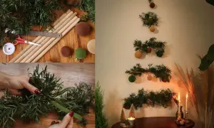 DIY julgrans inspo: gröna grenar, träpinnar och fluffiga bollar skapar en unik vägggran.