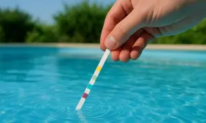 En hand doppar en teststicka i poolen för att kontrollera vattnet. Vattnet ser klart ut, inte grumligt poolvatten.