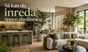Inspirerande inrednings tips för en öppen planlösning. Ett modernt vardagsrum med soffa, matplats och kök i gröna toner.