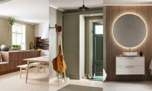 Triptyk av hemtrevliga rum: kök med trädetaljer, hall med hatthylla och ett modernt badrum med rund spegel. Klassisk design genomsyrar helheten.
