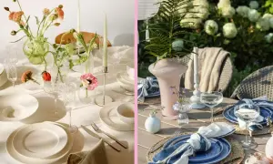 Två vackra dukningar. En inomhus med ljusa blommor och ljus, en utomhus med gröna växter och blå detaljer. En fin dukning för varje tillfälle.