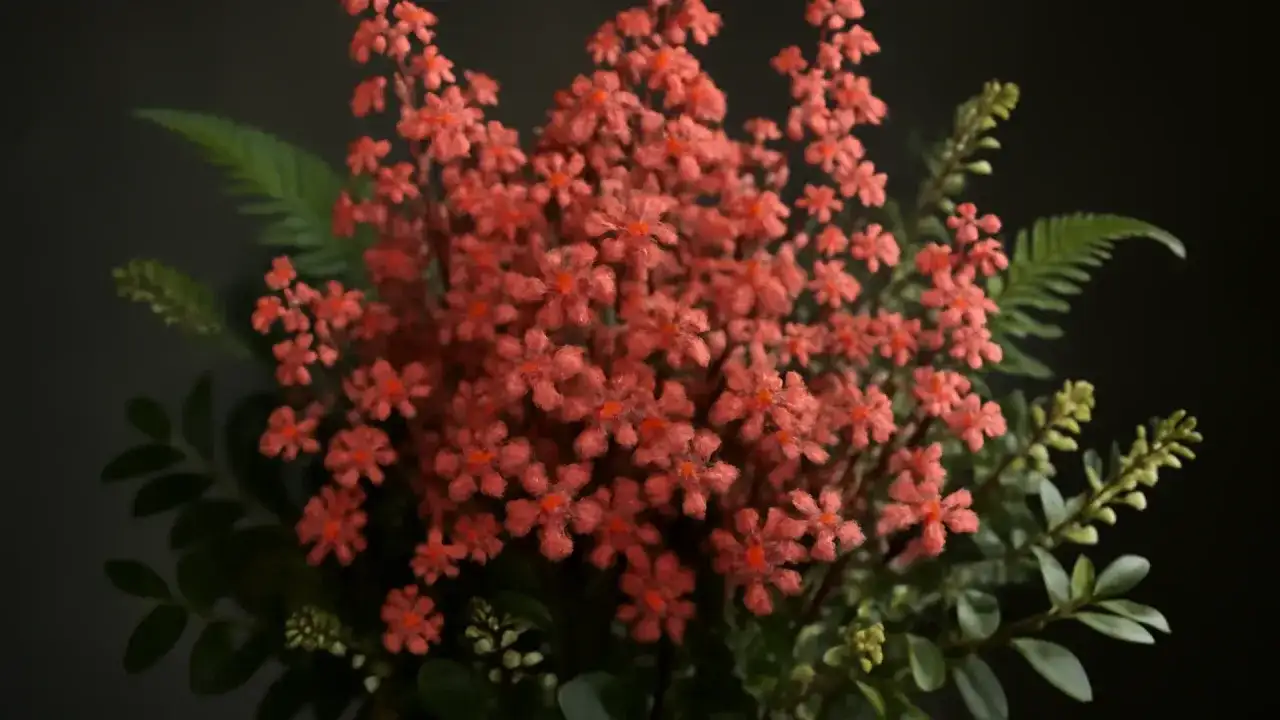 En bukett med små, korallfärgade blommor och gröna blad. Vissa sorter av alunrot är giftiga.